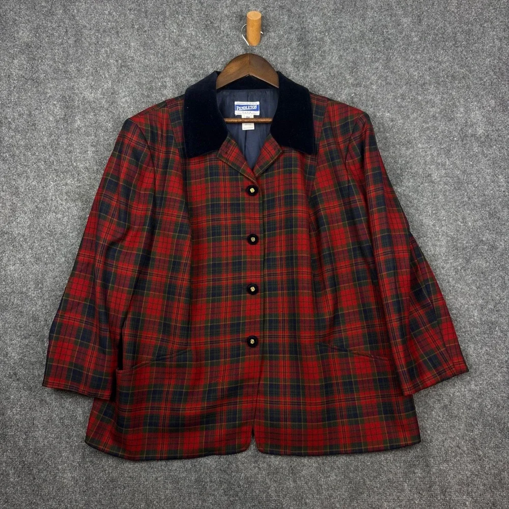 Pendleton Plaid Blazer Womens 18W Red Virgin Wool Velvet Collar Jacket USA 0403